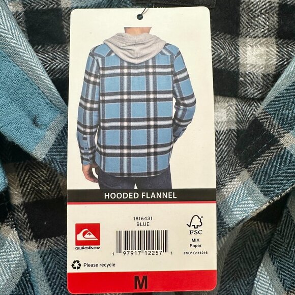 Quiksilver Men's Hooded Buttoned Flannel Shirt Size M Blue Plaid Y2K Grunge NEW - Picture 10 of 13